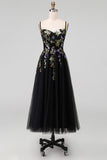 Black Spaghetti Straps Tulle A Line Maxi Wedding Guest Dress with Appliques