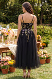 Black Spaghetti Straps Tulle A Line Maxi Wedding Guest Dress with Appliques