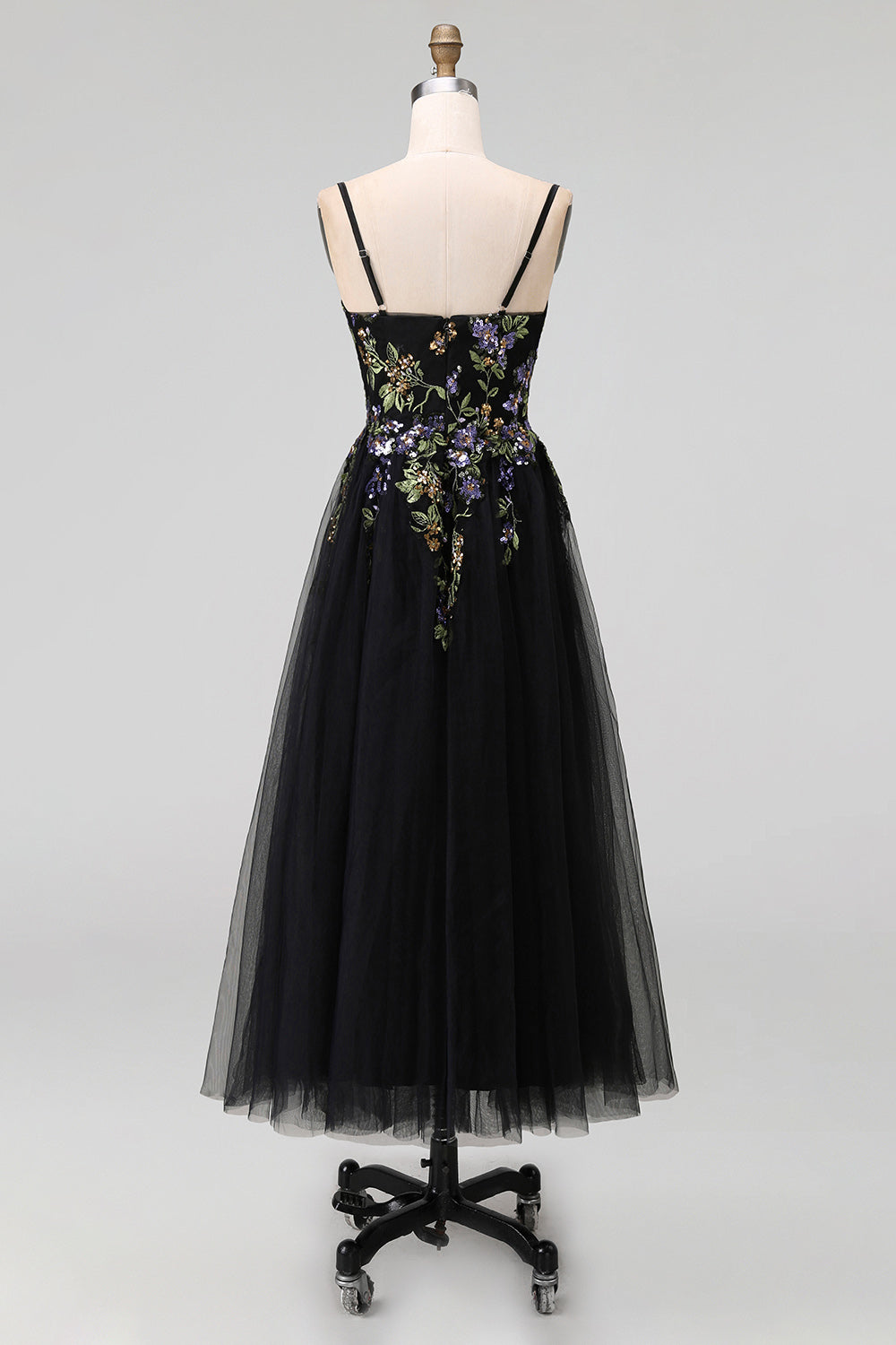 Black Spaghetti Straps Tulle A Line Maxi Wedding Guest Dress with Appliques