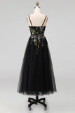Black Spaghetti Straps Tulle A Line Maxi Wedding Guest Dress with Appliques