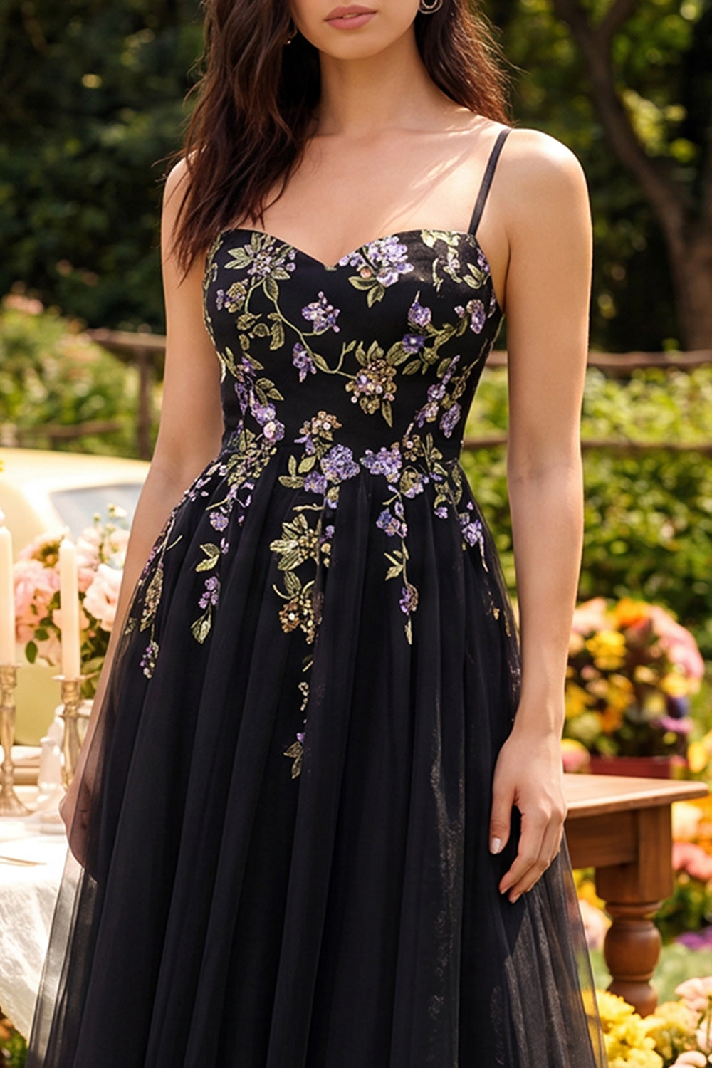 Black Spaghetti Straps Tulle A Line Maxi Wedding Guest Dress with Appliques