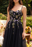 Black Spaghetti Straps Tulle A Line Maxi Wedding Guest Dress with Appliques