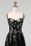 Black Spaghetti Straps Tulle A Line Maxi Wedding Guest Dress with Appliques