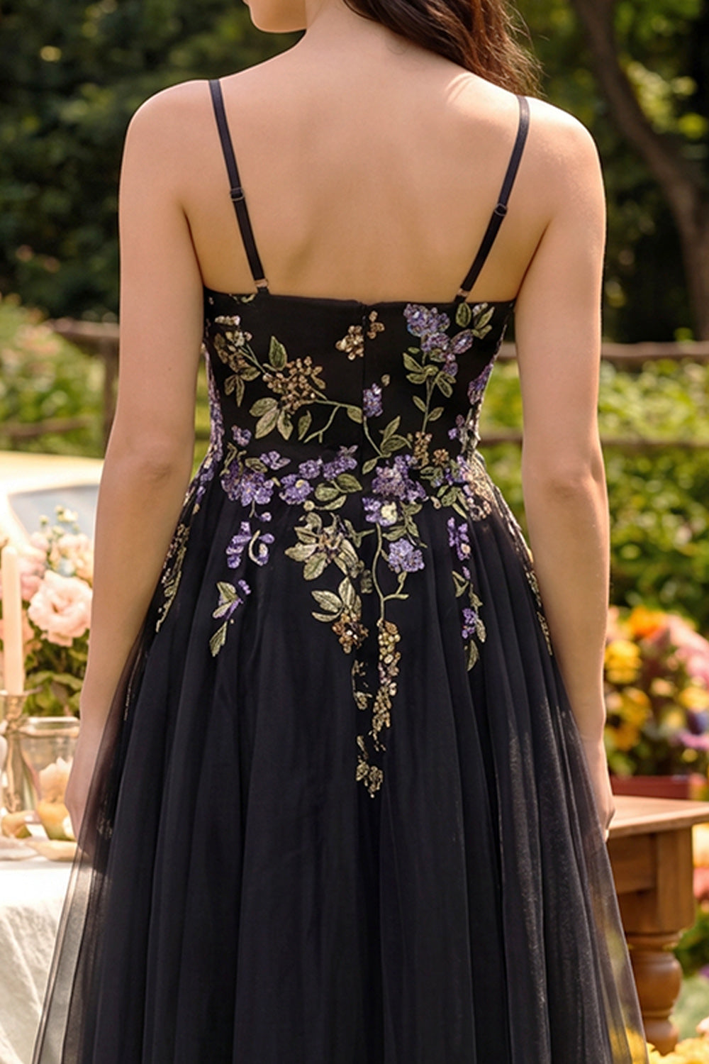 Black Spaghetti Straps Tulle A Line Maxi Wedding Guest Dress with Appliques