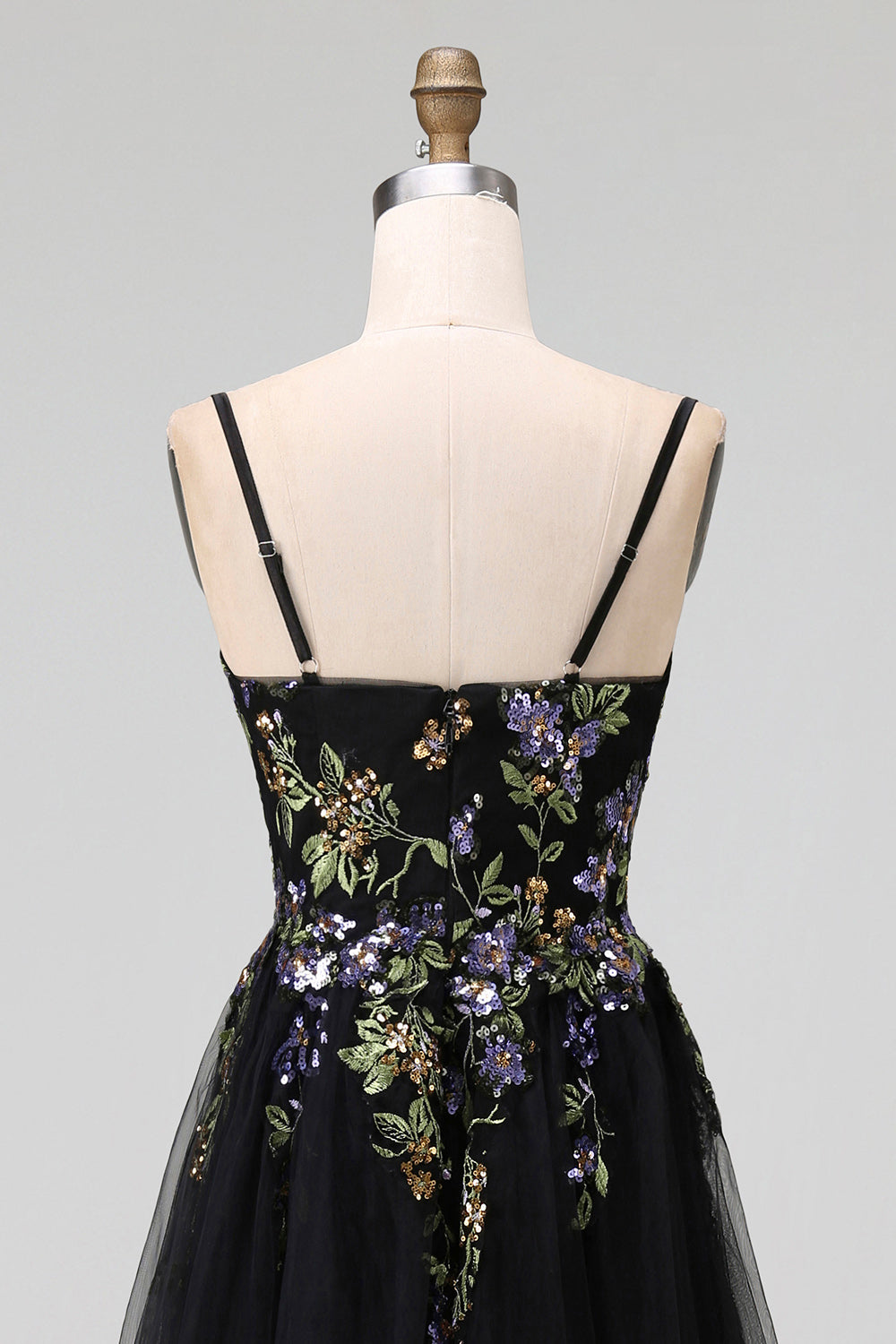 Black Spaghetti Straps Tulle A Line Maxi Wedding Guest Dress with Appliques