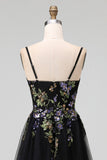 Black Spaghetti Straps Tulle A Line Maxi Wedding Guest Dress with Appliques