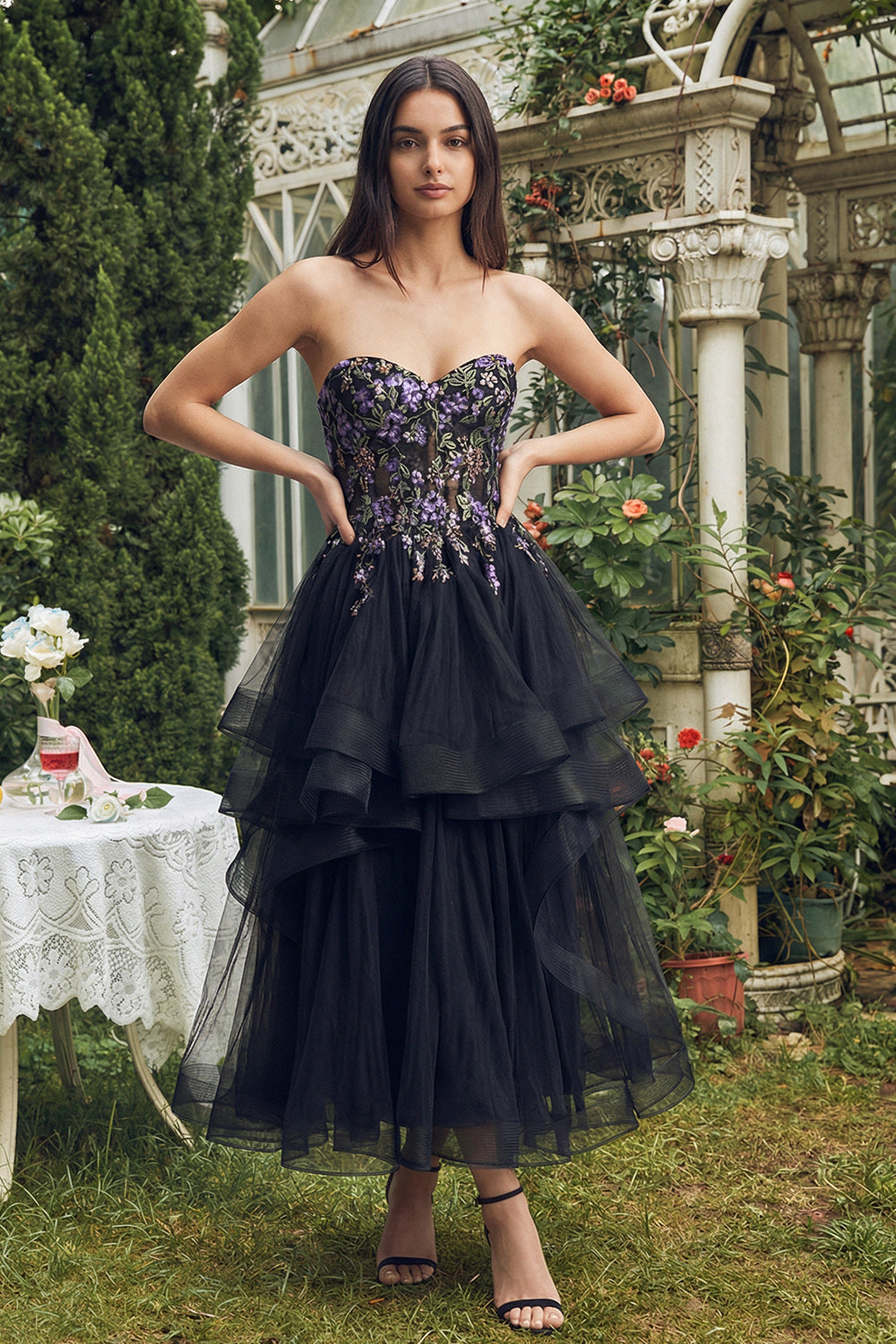 Black Sweetheart Floral A Line Tulle Maxi Wedding Guest Dress