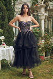 Black Sweetheart Floral A Line Tulle Maxi Wedding Guest Dress