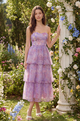 Purple Strapless Corset A Line Floral Maxi Wedding Guest Dress
