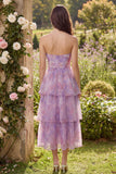 Purple Strapless Corset A Line Floral Maxi Wedding Guest Dress