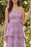 Purple Strapless Corset A Line Floral Maxi Wedding Guest Dress