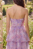 Purple Strapless Corset A Line Floral Maxi Wedding Guest Dress