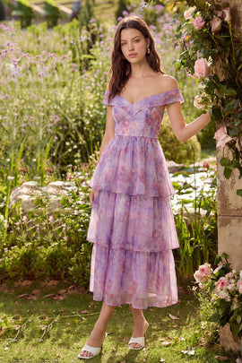 Purple Corset A Line Off the Shoulder Ruffled Floral Maxi Wedding Guest Dress