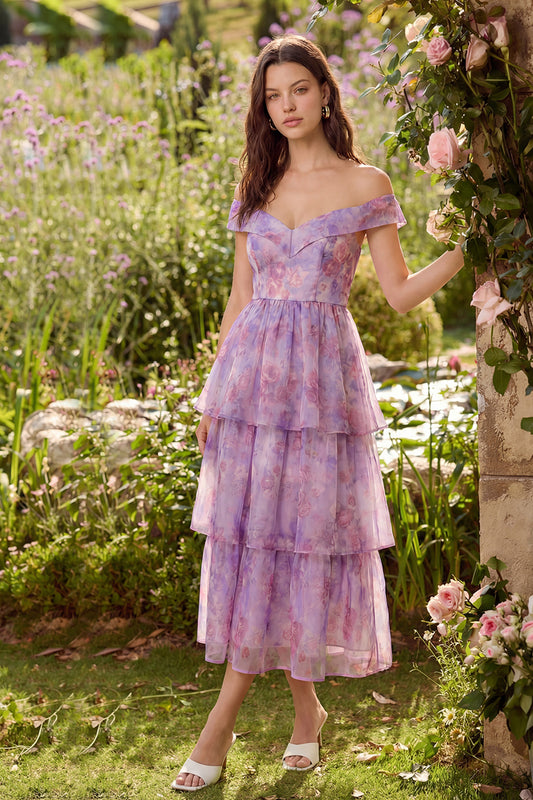Purple Corset A Line Off the Shoulder Ruffled Floral Maxi Wedding Guest Dress