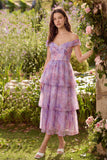 Purple Corset A Line Off the Shoulder Ruffled Floral Maxi Wedding Guest Dress