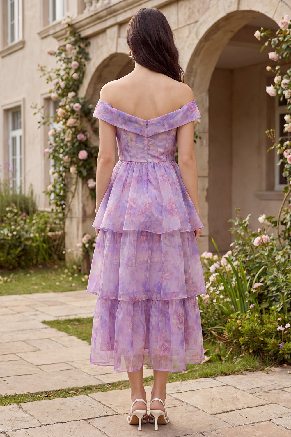 Purple Corset A Line Off the Shoulder Ruffled Floral Maxi Wedding Guest Dress