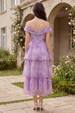 Purple Corset A Line Off the Shoulder Ruffled Floral Maxi Wedding Guest Dress