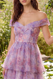 Purple Corset A Line Off the Shoulder Ruffled Floral Maxi Wedding Guest Dress