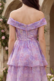 Purple Corset A Line Off the Shoulder Ruffled Floral Maxi Wedding Guest Dress