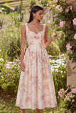 White Pink Flower Corset A Line Maxi Wedding Guest Dress with Pearls