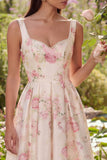 White Pink Flower Corset A Line Maxi Wedding Guest Dress with Pearls