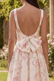 White Pink Flower Corset A Line Maxi Wedding Guest Dress with Pearls