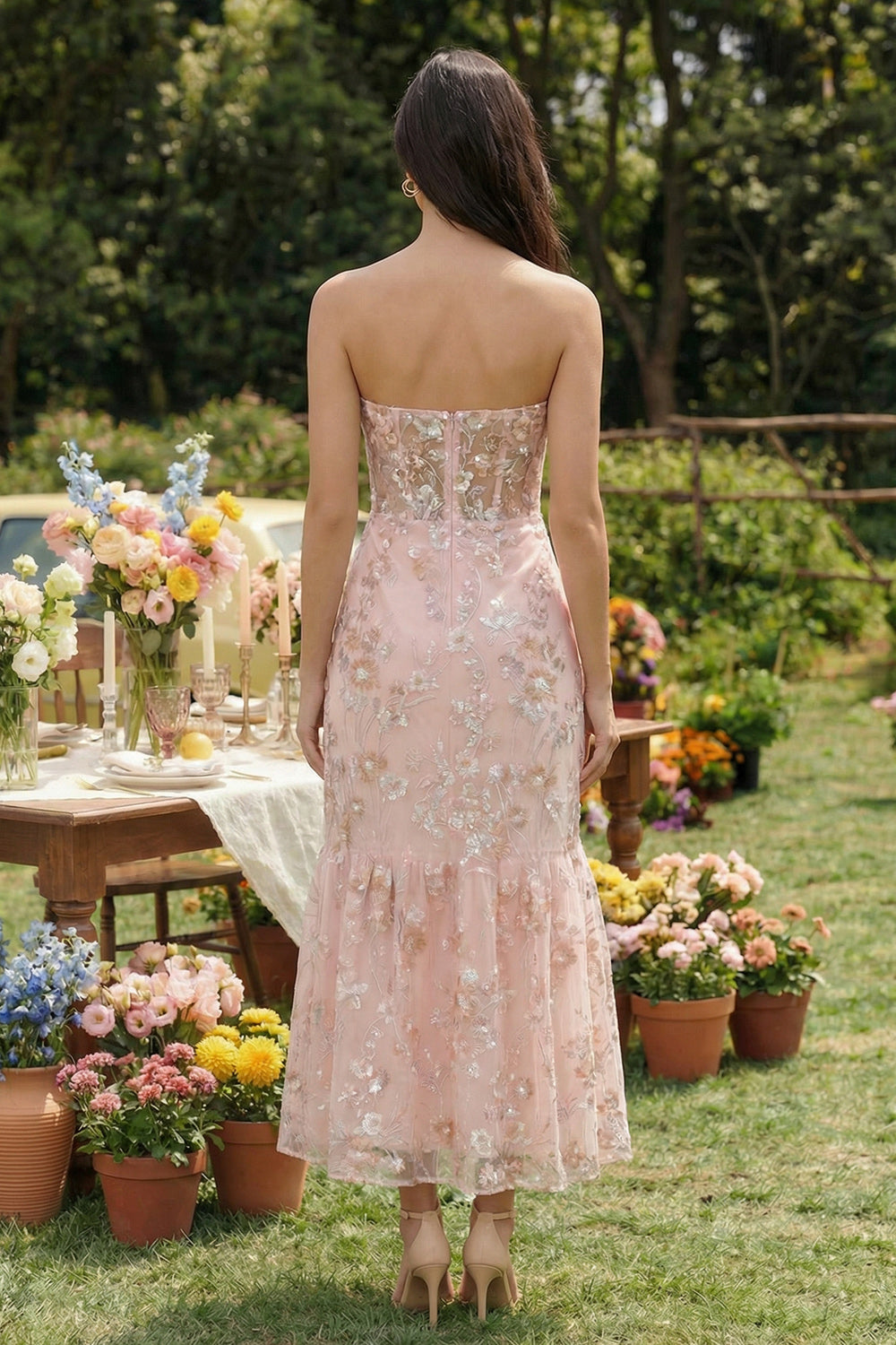 Pink Mermaid Strapless Corset Maxi Floral Wedding Guest Dress