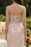 Pink Mermaid Strapless Corset Maxi Floral Wedding Guest Dress