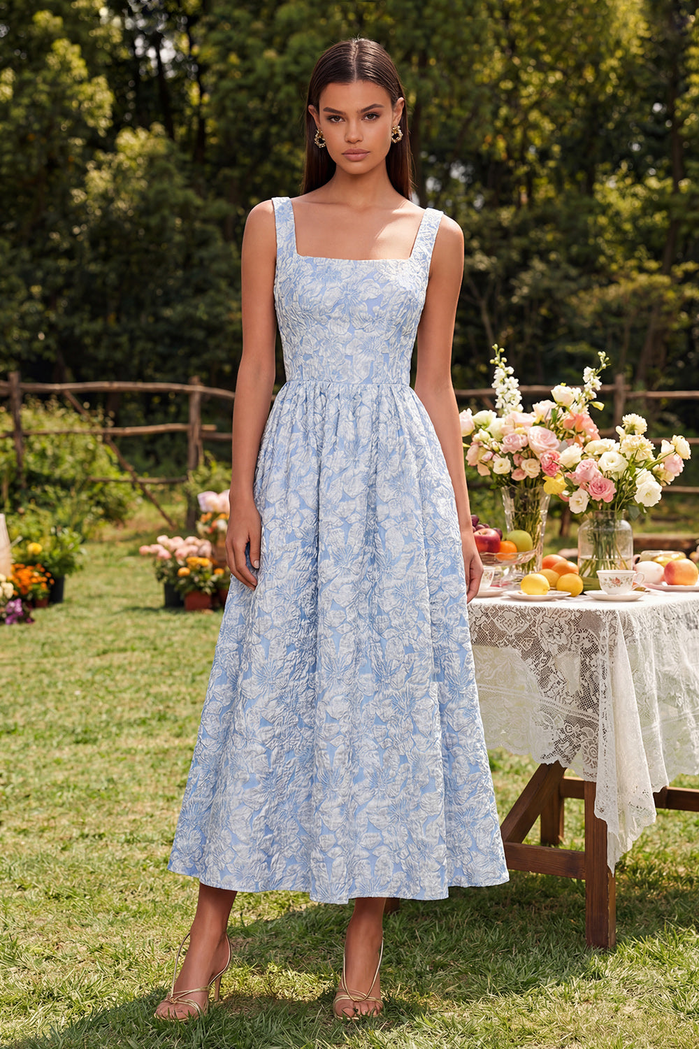 Jacquard A Line Blue Square Neck Floral Maxi Wedding Guest Dress