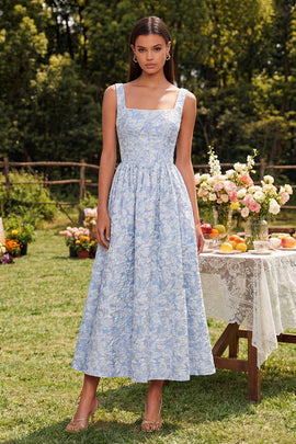 Jacquard A Line Blue Square Neck Floral Maxi Wedding Guest Dress
