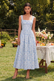 Jacquard A Line Blue Square Neck Floral Maxi Wedding Guest Dress