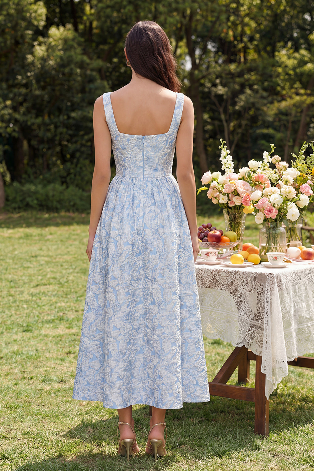 ZAPAKA Women Blue Jacquard Floral Dress Square Neck A Line Maxi Wedding Guest Dress, Blue / UK8
