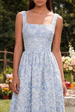 Jacquard A Line Blue Square Neck Floral Maxi Wedding Guest Dress
