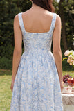 Jacquard A Line Blue Square Neck Floral Maxi Wedding Guest Dress