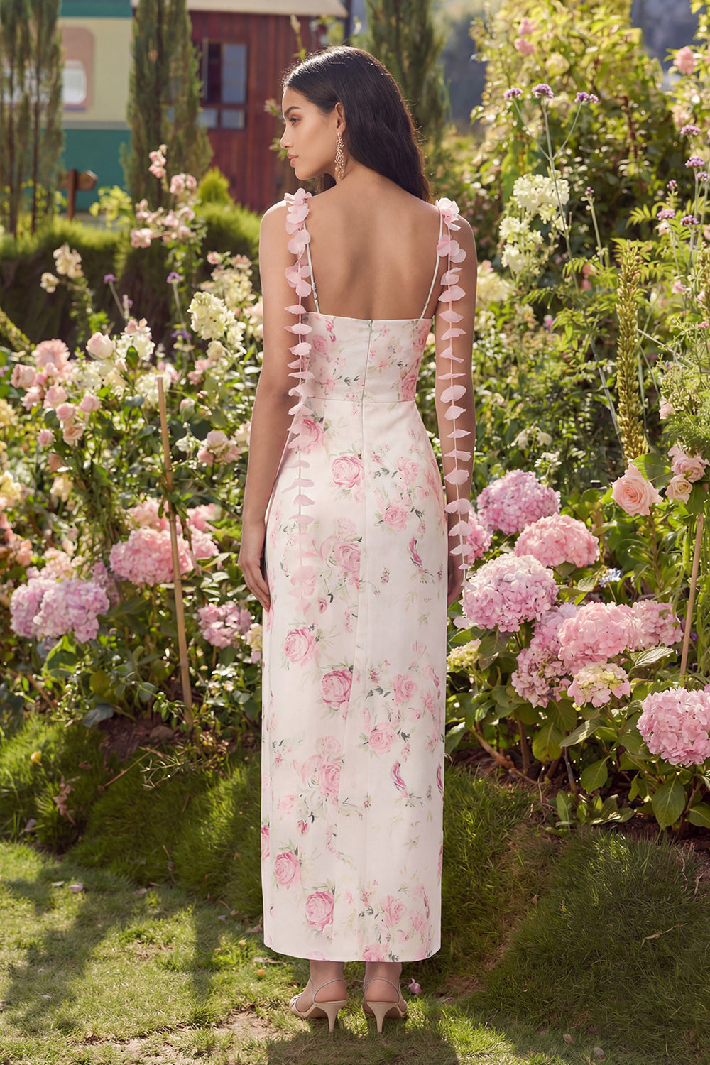 White Pink Flower Long Sheath Wedding Guest Dress with Strings