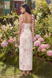White Pink Flower Long Sheath Wedding Guest Dress with Strings