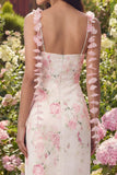 White Pink Flower Long Sheath Wedding Guest Dress with Strings