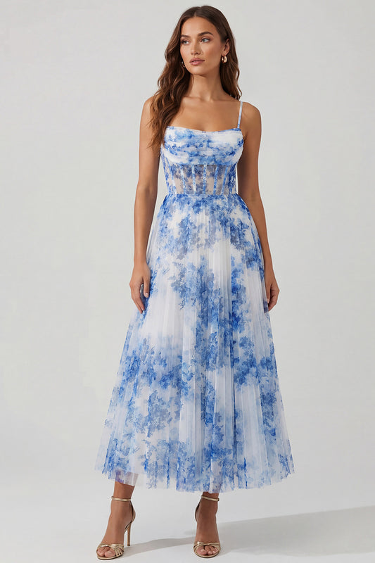 White Blue Flower Maxi Corset A Line Wedding Guest Dress