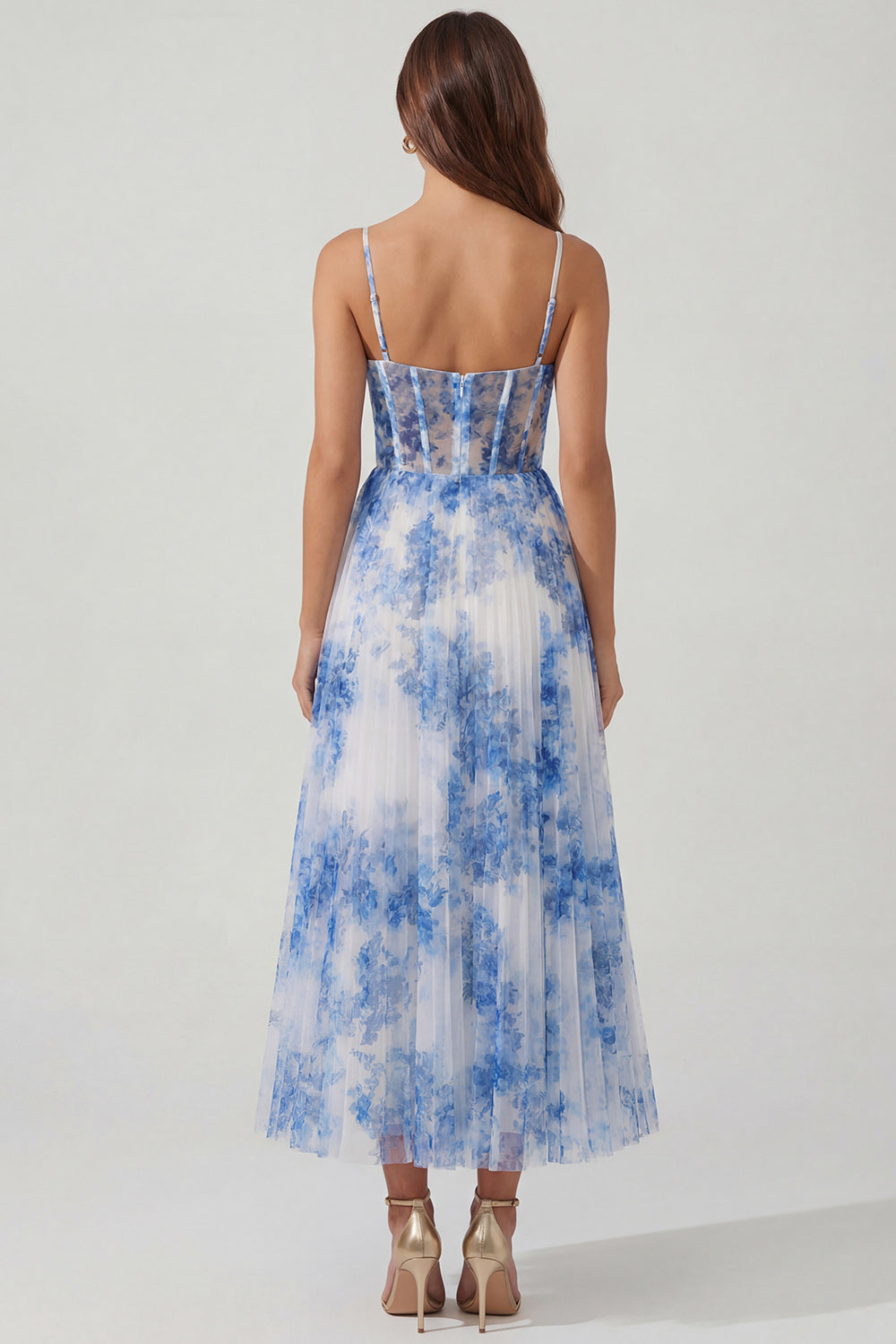 White Blue Flower Maxi Corset A Line Wedding Guest Dress