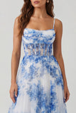 White Blue Flower Maxi Corset A Line Wedding Guest Dress