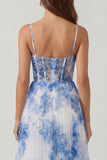 White Blue Flower Maxi Corset A Line Wedding Guest Dress