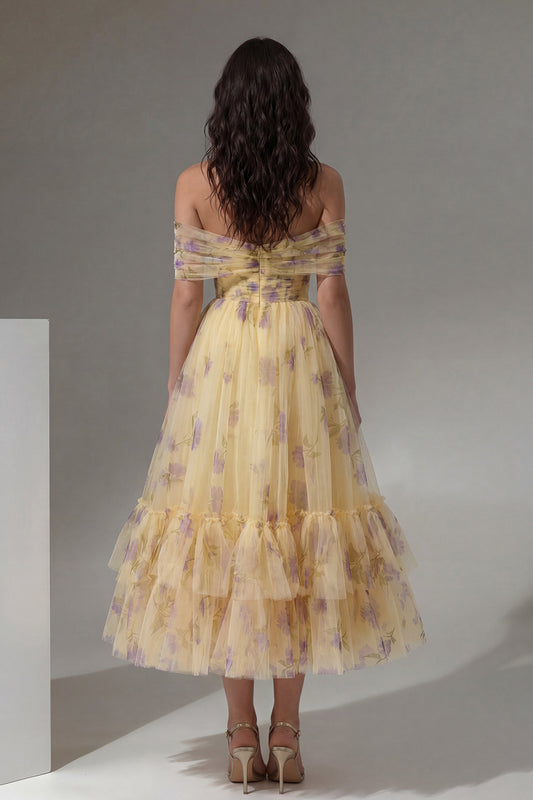 Yellow Flower Tulle A Line Off the Shoulder Maxi Ruffled Wedding Guest Dress