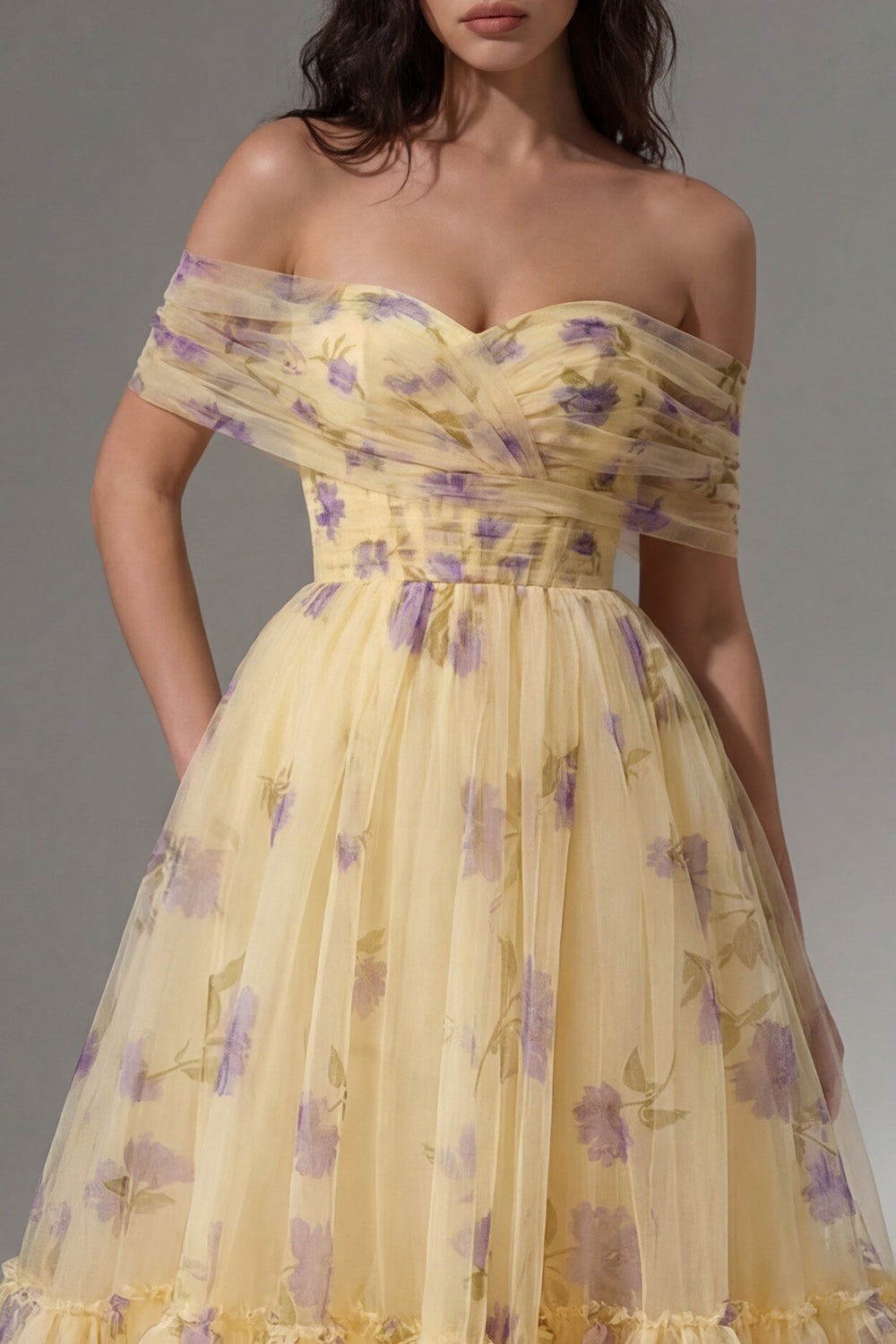 Yellow Flower Tulle A Line Off the Shoulder Maxi Ruffled Wedding Guest Dress