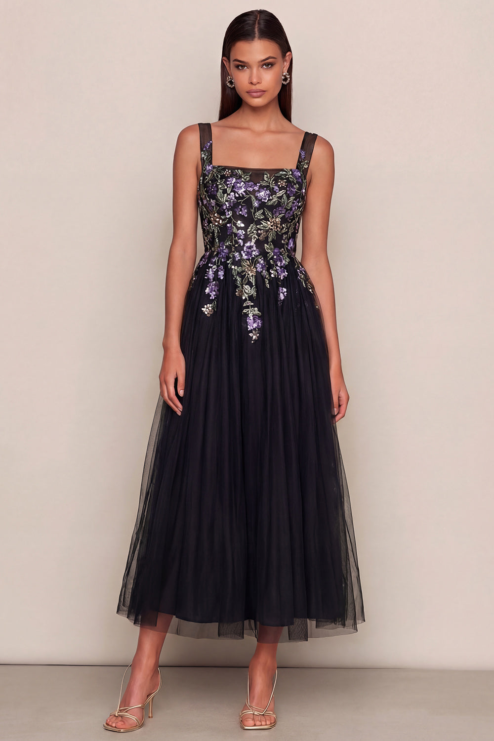 Black Appliqued A Line Square Neck Tulle Maxi Wedding Guest Dress