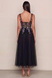 Black Appliqued A Line Square Neck Tulle Maxi Wedding Guest Dress