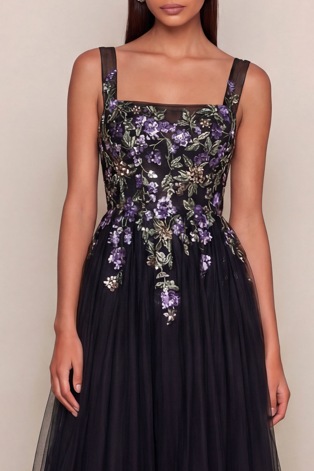 Black Appliqued A Line Square Neck Tulle Maxi Wedding Guest Dress