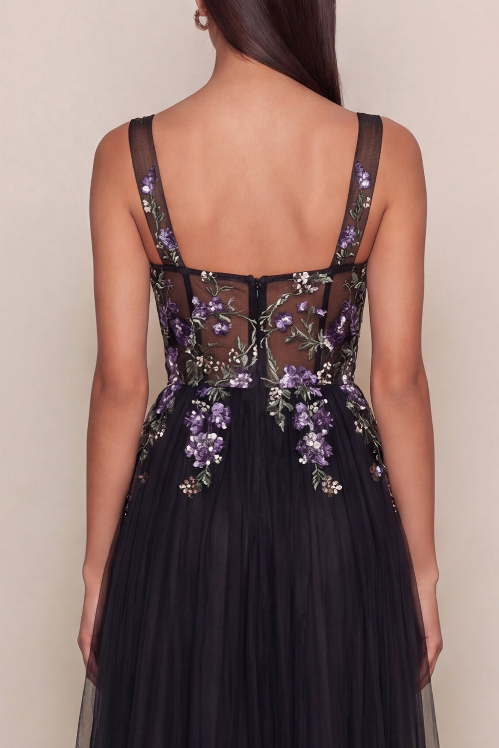 Black Appliqued A Line Square Neck Tulle Maxi Wedding Guest Dress
