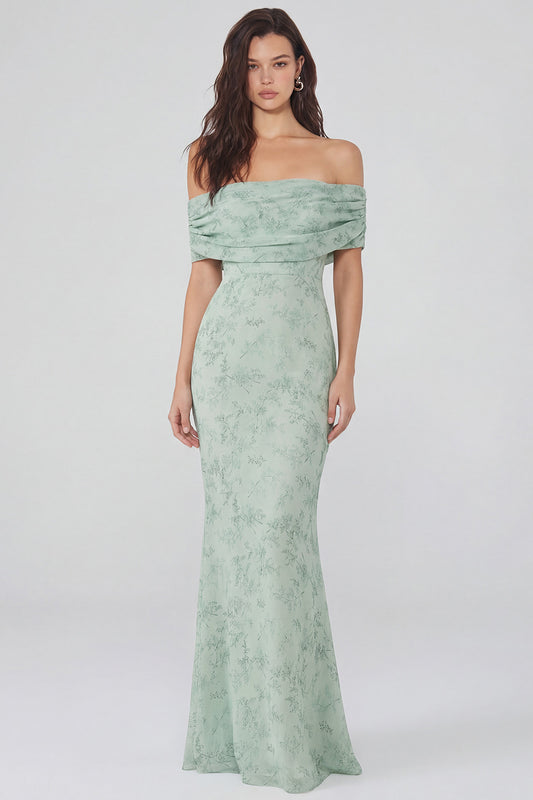 Mermaid Long Dusty Sage Off the Shoulder Floral Wedding Guest Dress
