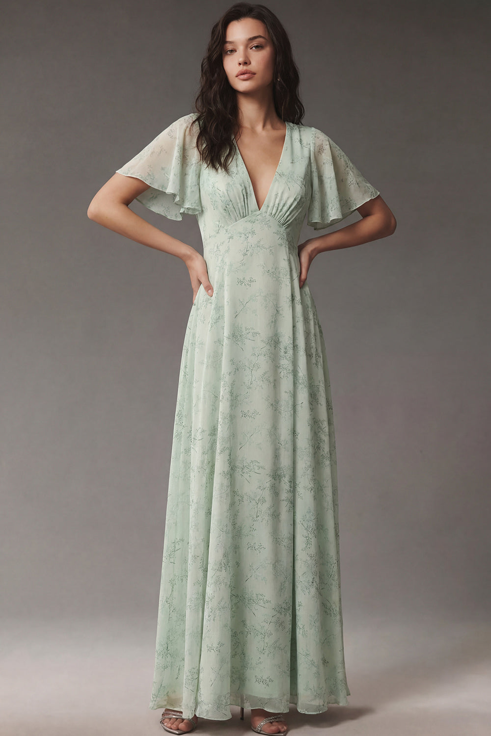 A Line Dusty Sage V Neck Floral Long Wedding Guest Dress