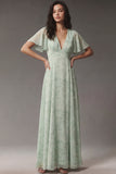 A Line Dusty Sage V Neck Floral Long Wedding Guest Dress